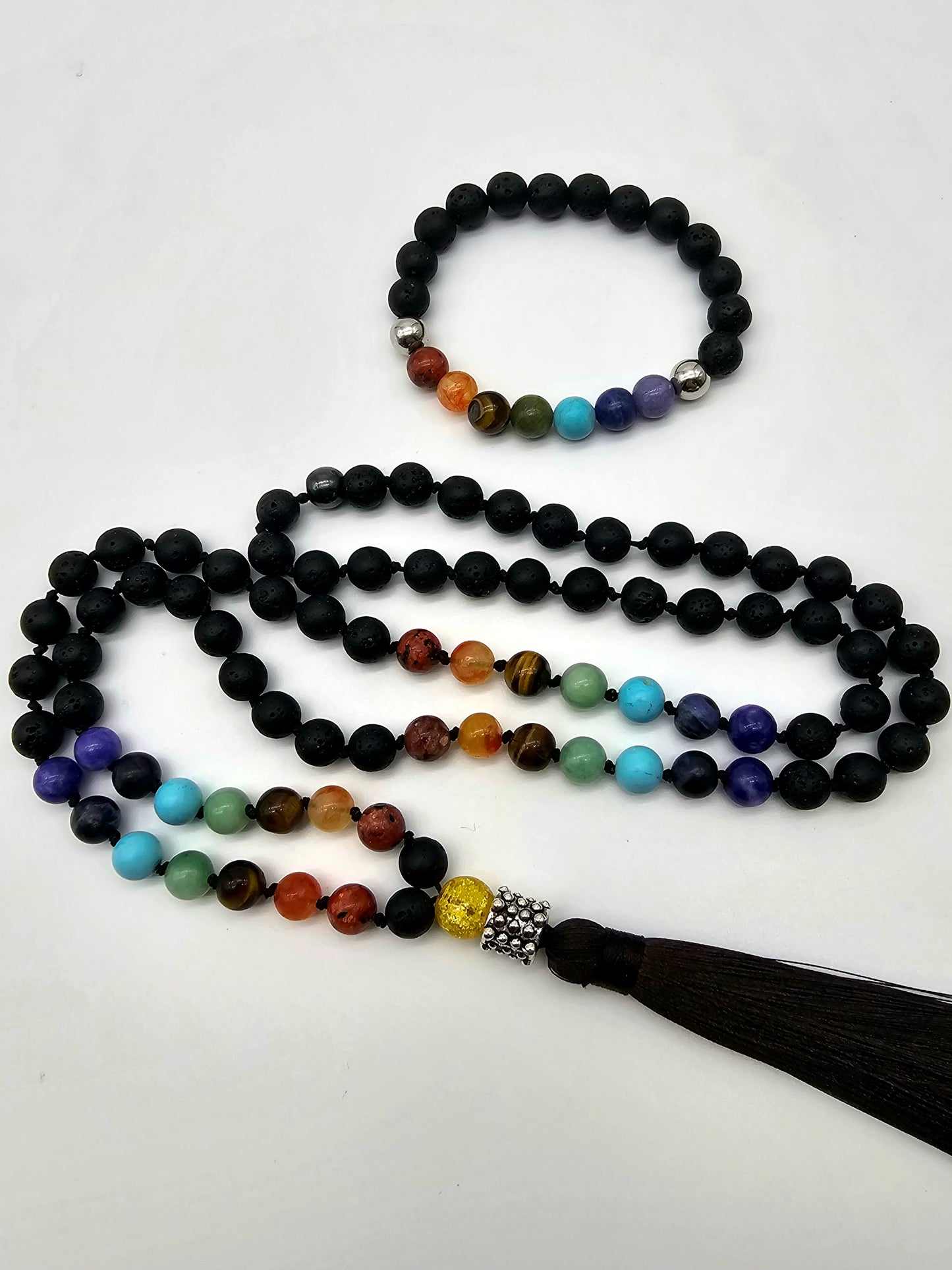 Chakra Black Lava Traditional Mala Necklace and Bracelet Set