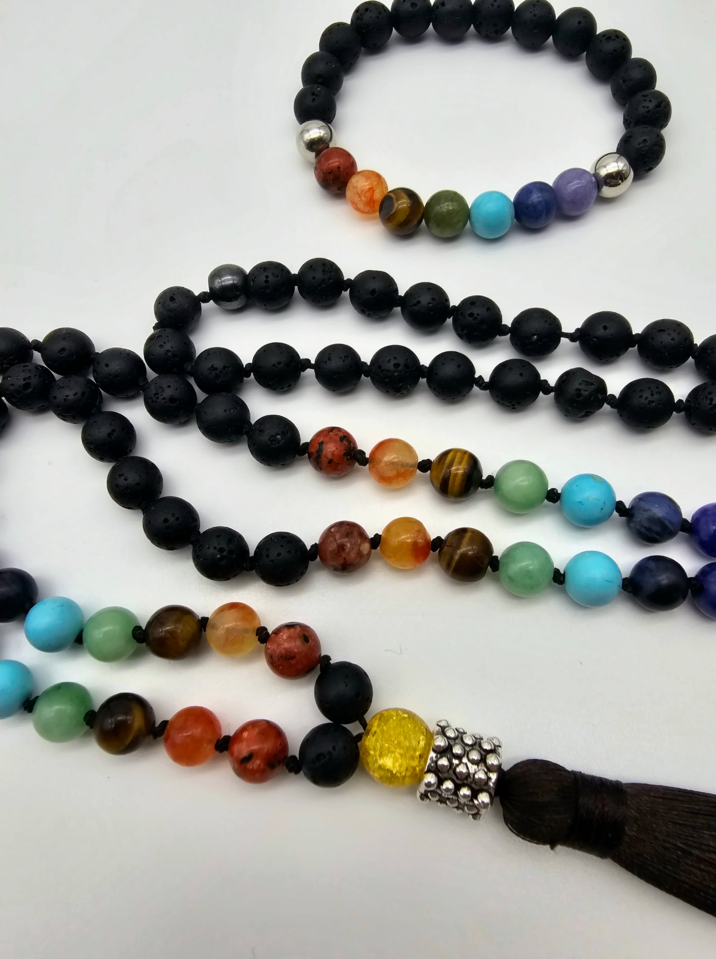 Chakra Black Lava Traditional Mala Necklace and Bracelet Set