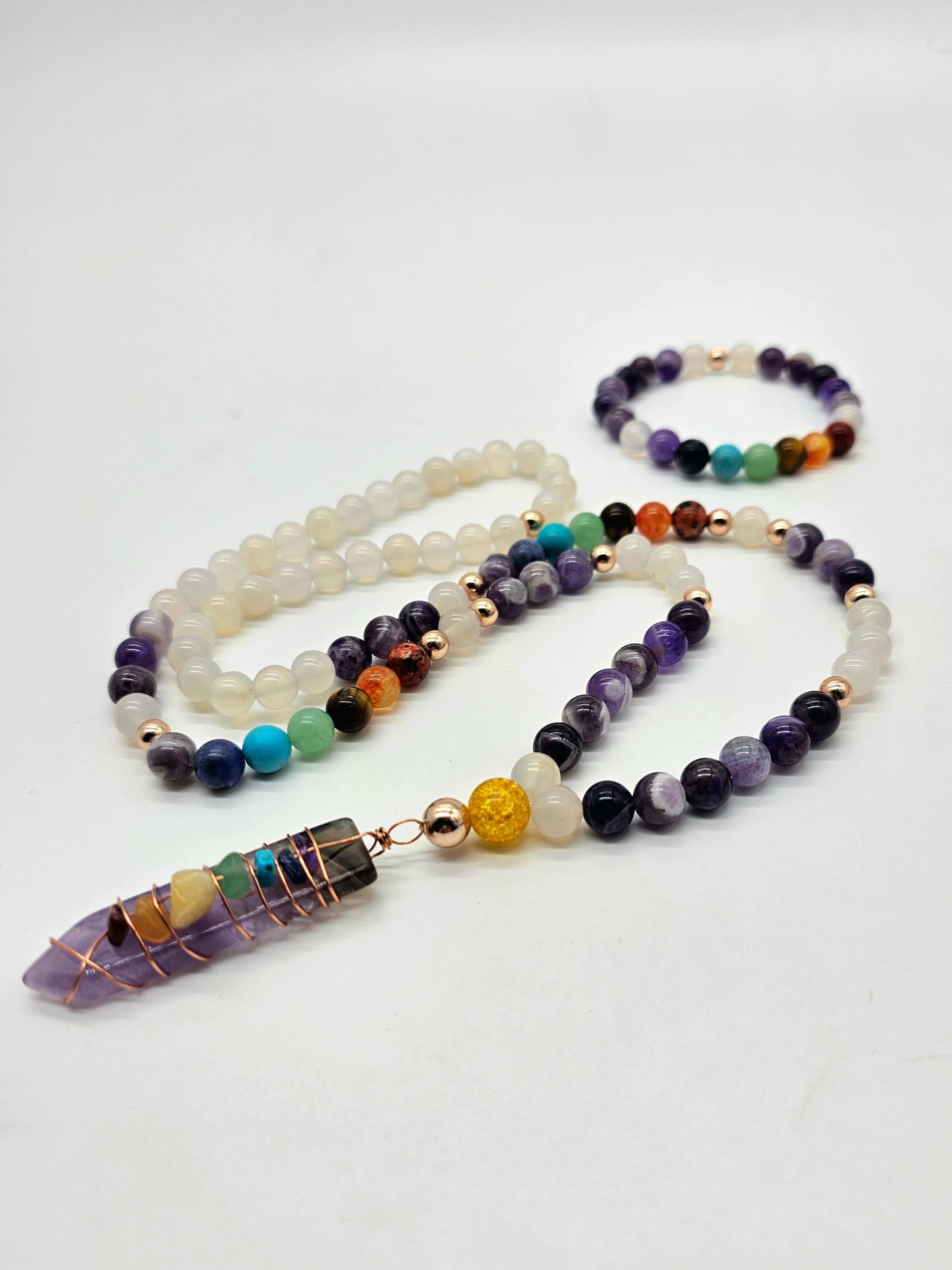 Chakra Amethyst Mala Necklace and Bracelet Set